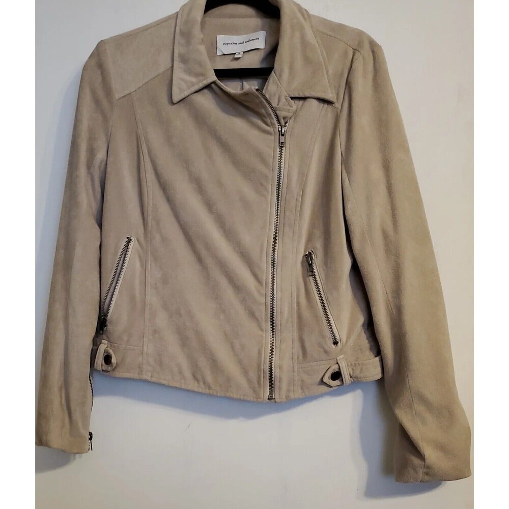 Cupcakes And Cashmere Beige Faux Suede Motorcycle Jacket Coat Size Small
